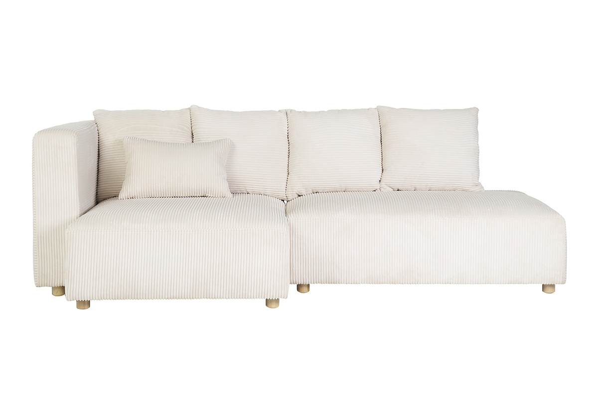 Canap� d'angle gauche 3 places en tissu velours c�tel� beige et bois clair HARLEM