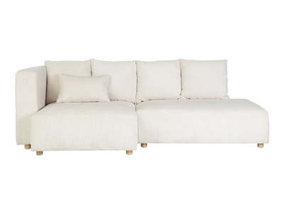 Canap&eacute; d'angle gauche 3 places en tissu velours c&ocirc;tel&eacute; beige et bois clair HARLEM