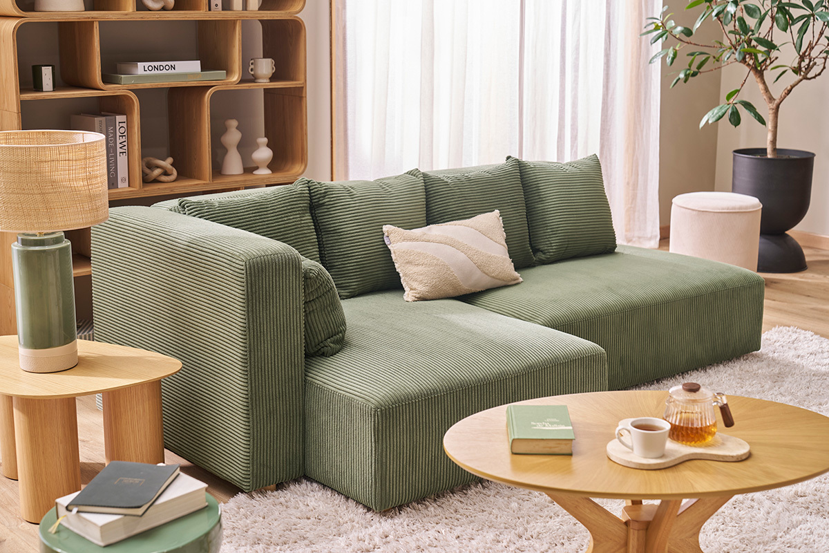 Canap� d'angle gauche 3 places en tissu velours c�tel� vert kaki et bois clair HARLEM