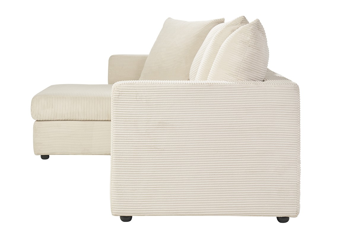 Canap� d'angle gauche convertible 4 places en velours c�tel� beige, vue de c�t�.