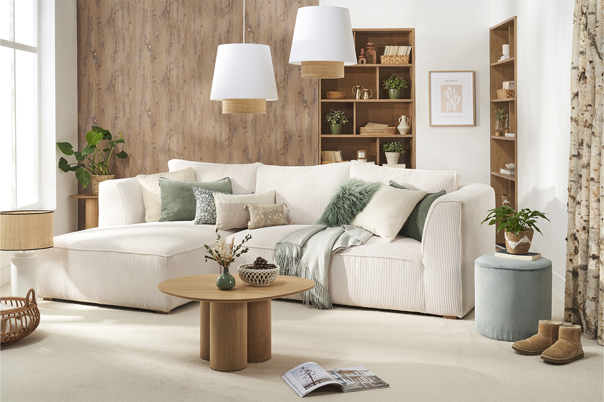 Canap� d'angle gauche design en tissu velours c�tel� �cru 3-4 places PANAM