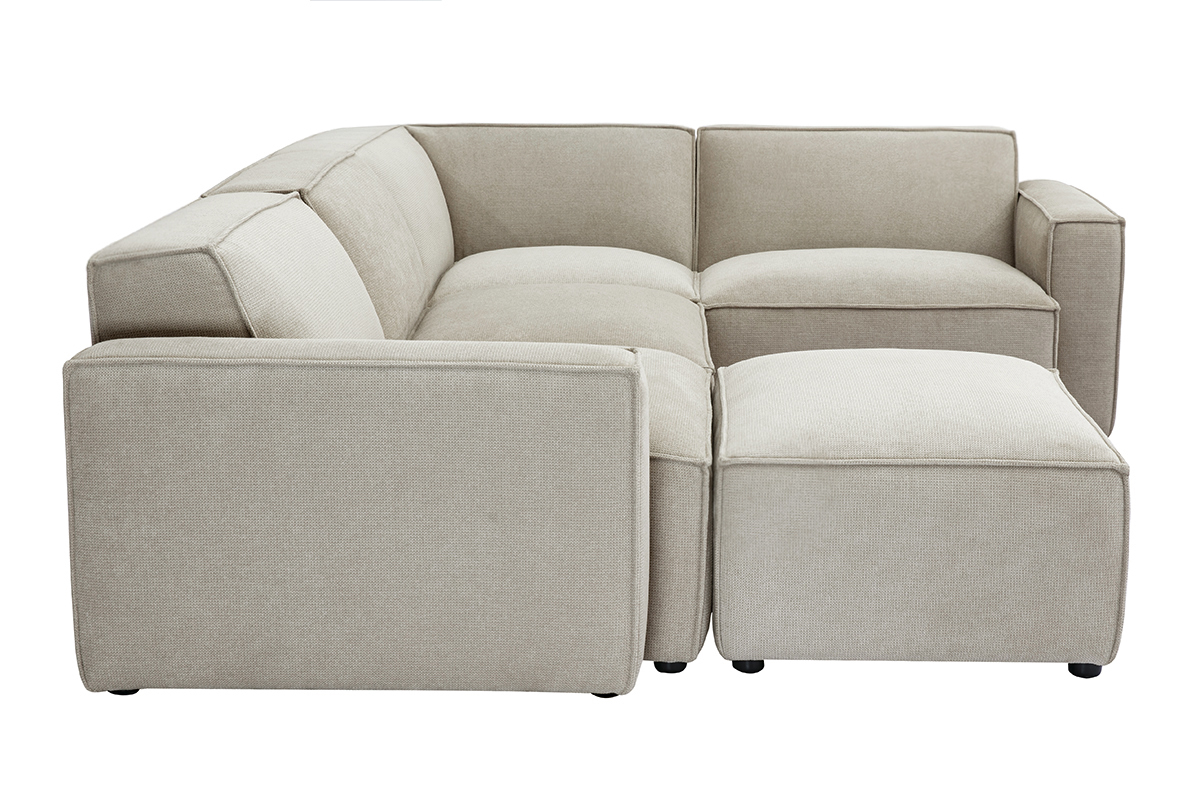 Canap� d'angle modulable 5 places en tissu beige avec pouf, vue de profil.