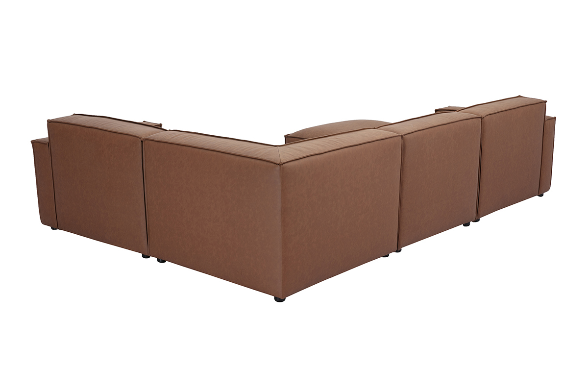 Canap� d'angle modulable vintage 5 places et pouf en cuir marron, vue de dos.