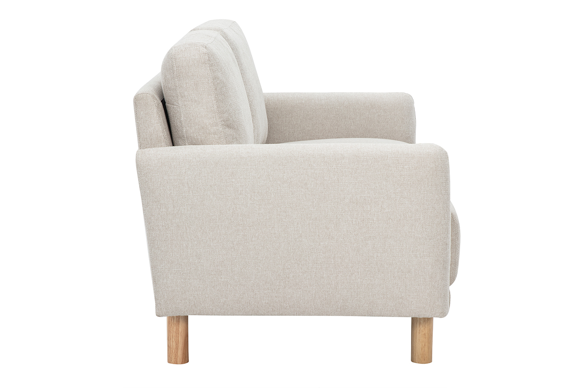 Canap� beige 2 places BONO, tissu effet velours, vue de profil, pieds en bois clair.