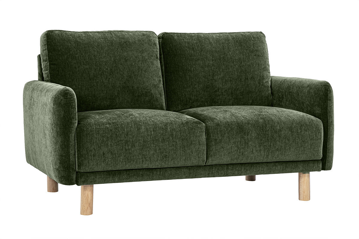 Canap� 2 places vert kaki en tissu effet velours et pieds en bois, vue de 3/4.