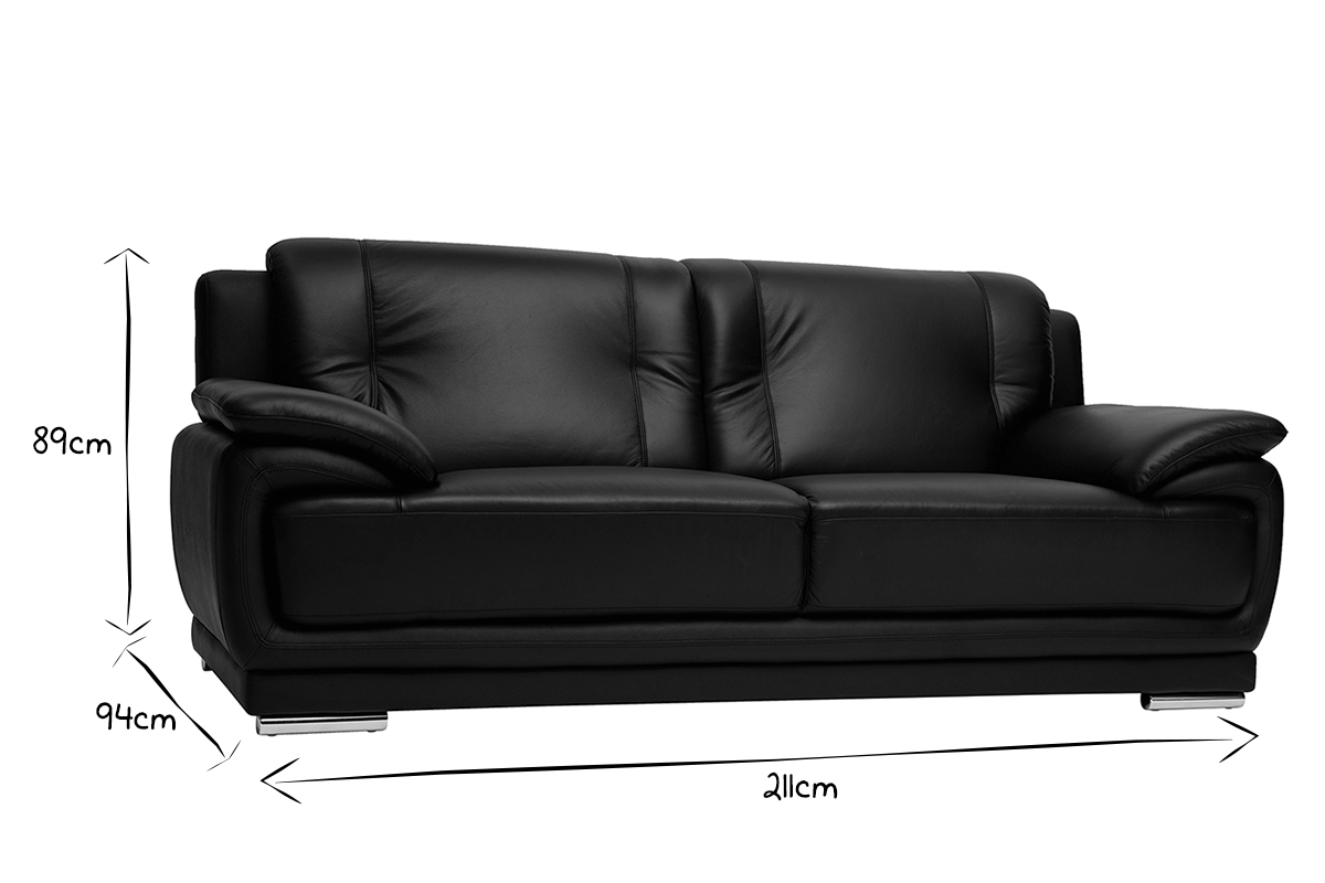 Canap� design 3 places en cuir noir et acier chrom� TAMARA