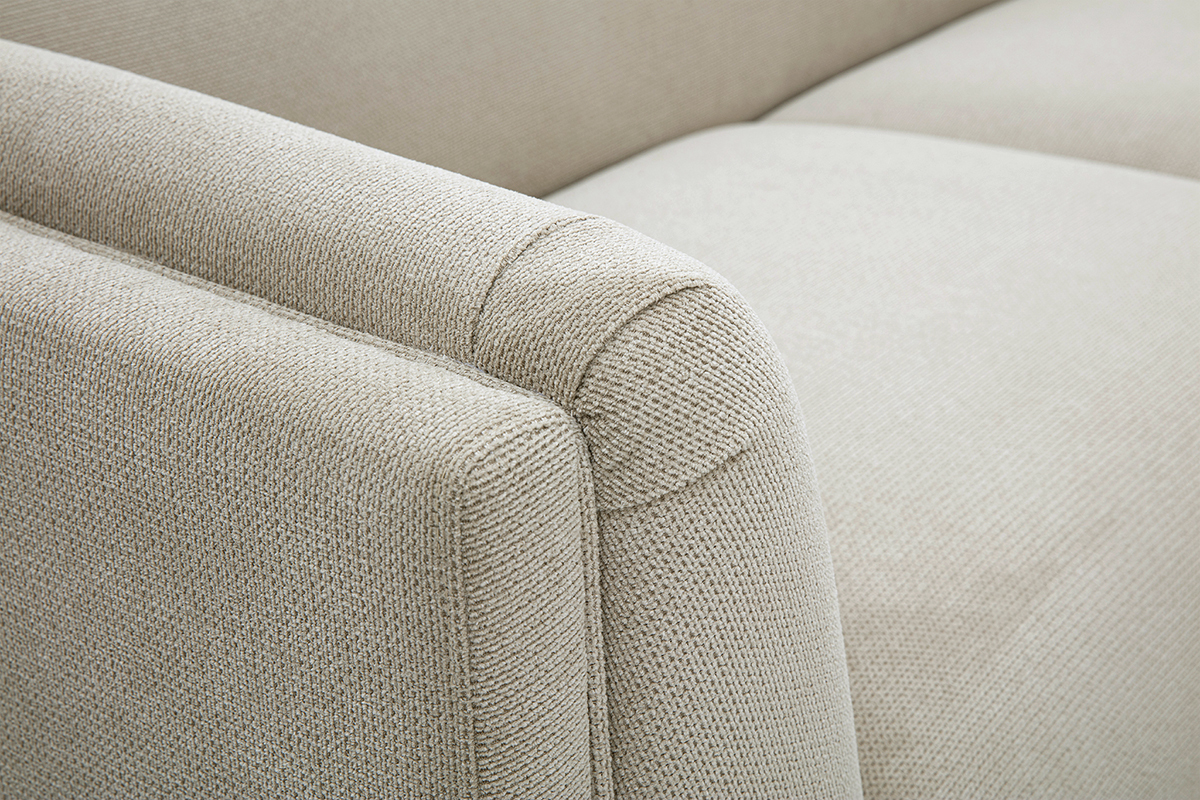 D�tail du tissu chenille textur� beige du canap� HOSBO.
