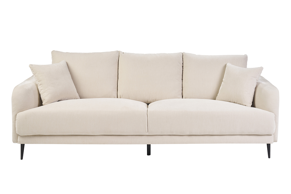 Canap� 3 places beige effet velours, pieds en m�tal noir, vue de face.