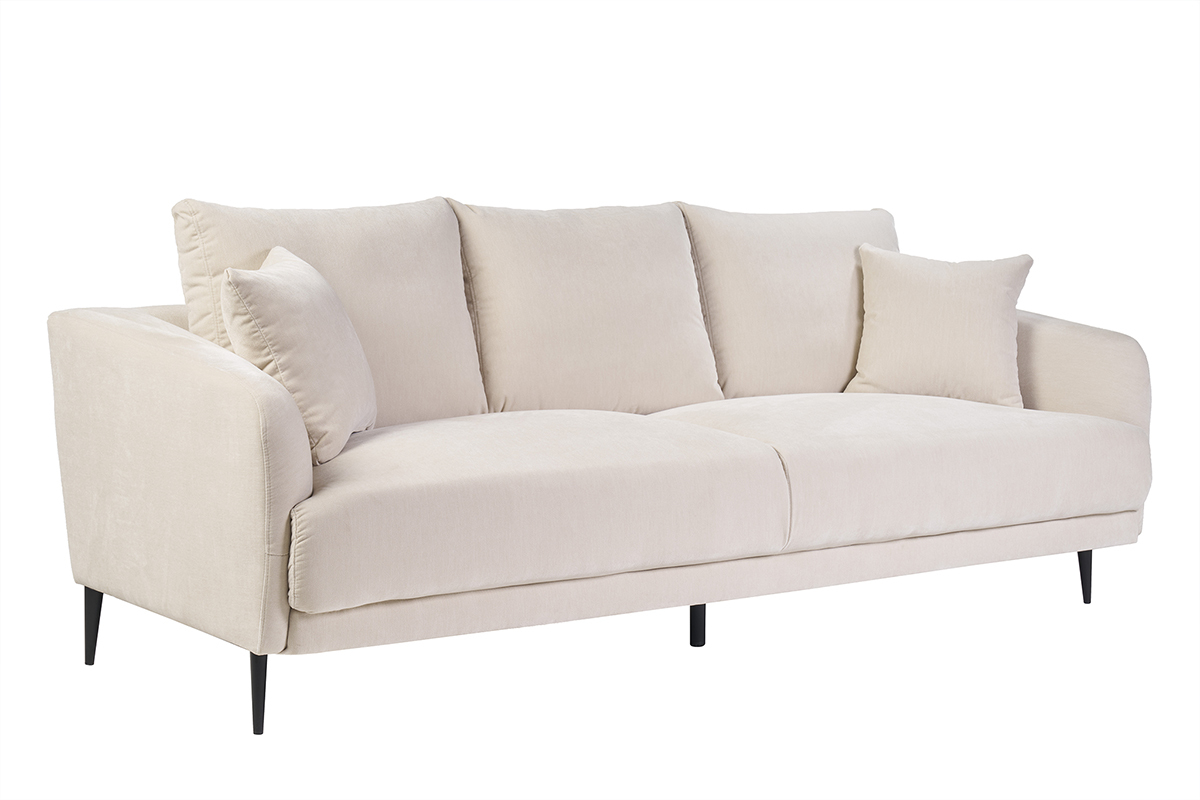 Canap� 3 places beige en tissu effet velours avec pieds en m�tal noir, vue de 3/4.