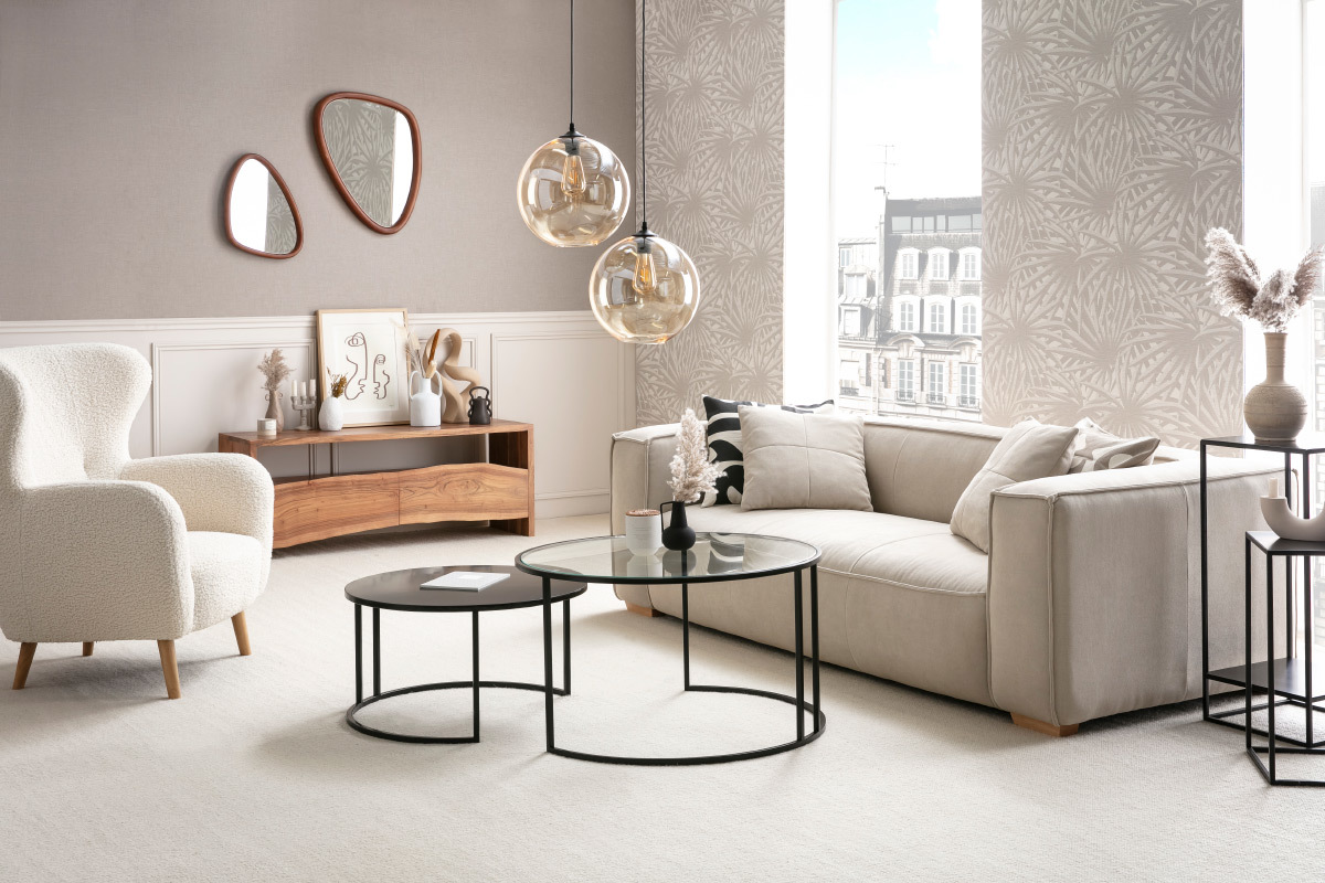 Canap� design 3 places en tissu effet velours beige naturel et bois clair COBAIN