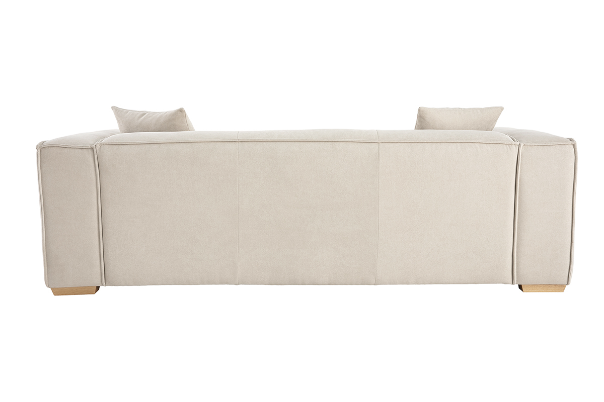 Canap� design 3 places en tissu effet velours beige naturel et bois clair COBAIN