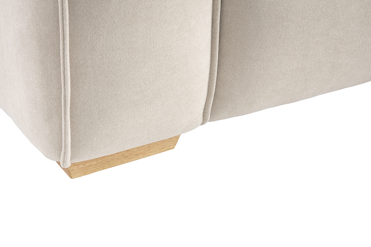 Canap� design 3 places en tissu effet velours beige naturel et bois clair COBAIN