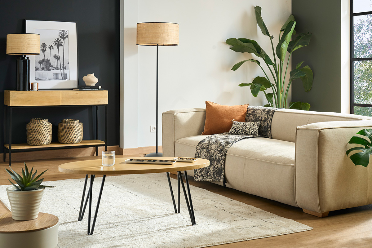 Canap� design 3 places en tissu effet velours beige naturel et bois clair COBAIN