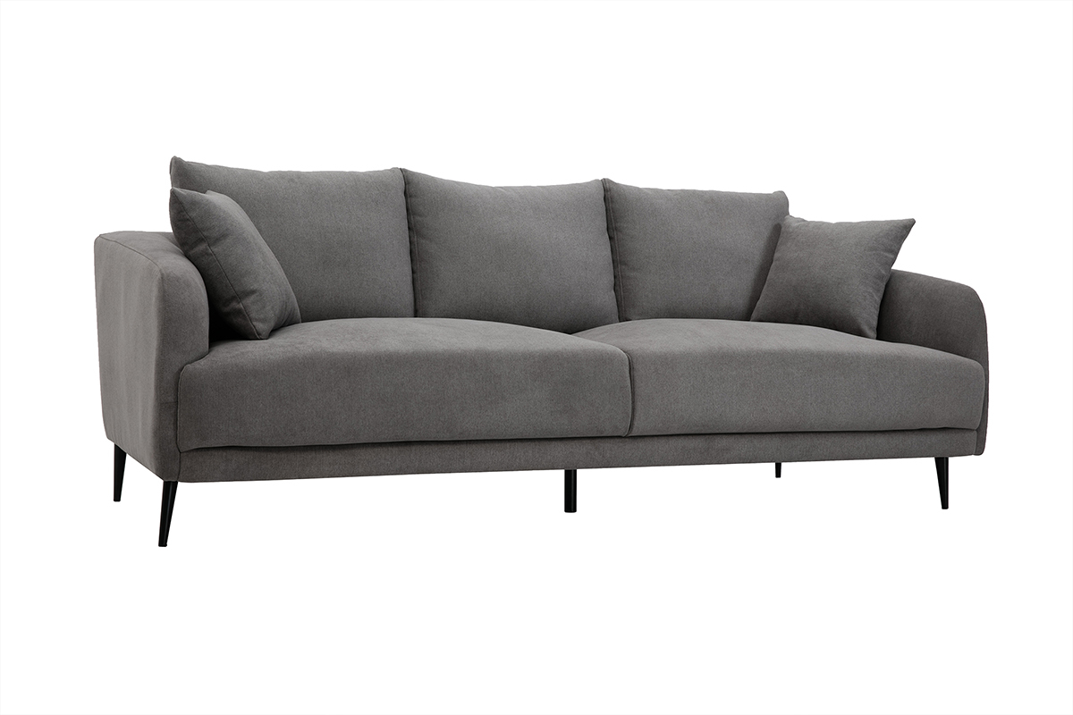 Canap� 3 places gris effet velours, pieds m�tal noir, vue de 3/4.