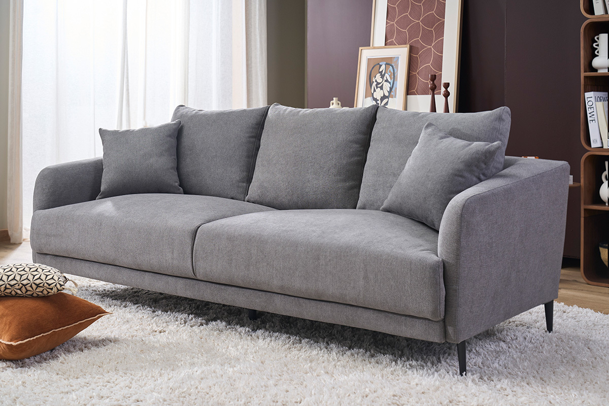 Canap� design 3 places en tissu effet velours gris et m�tal noir JERRY