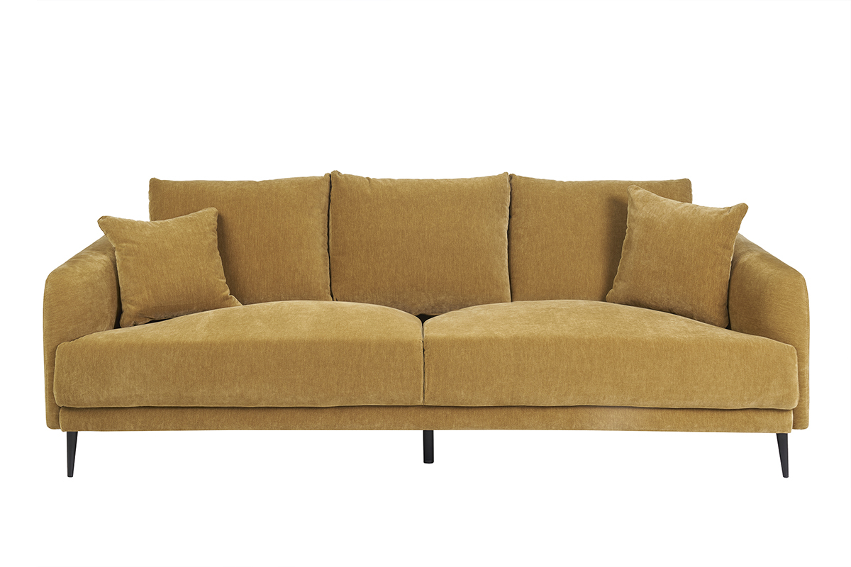 Canap� design 3 places en tissu effet velours jaune curry et m�tal noir JERRY