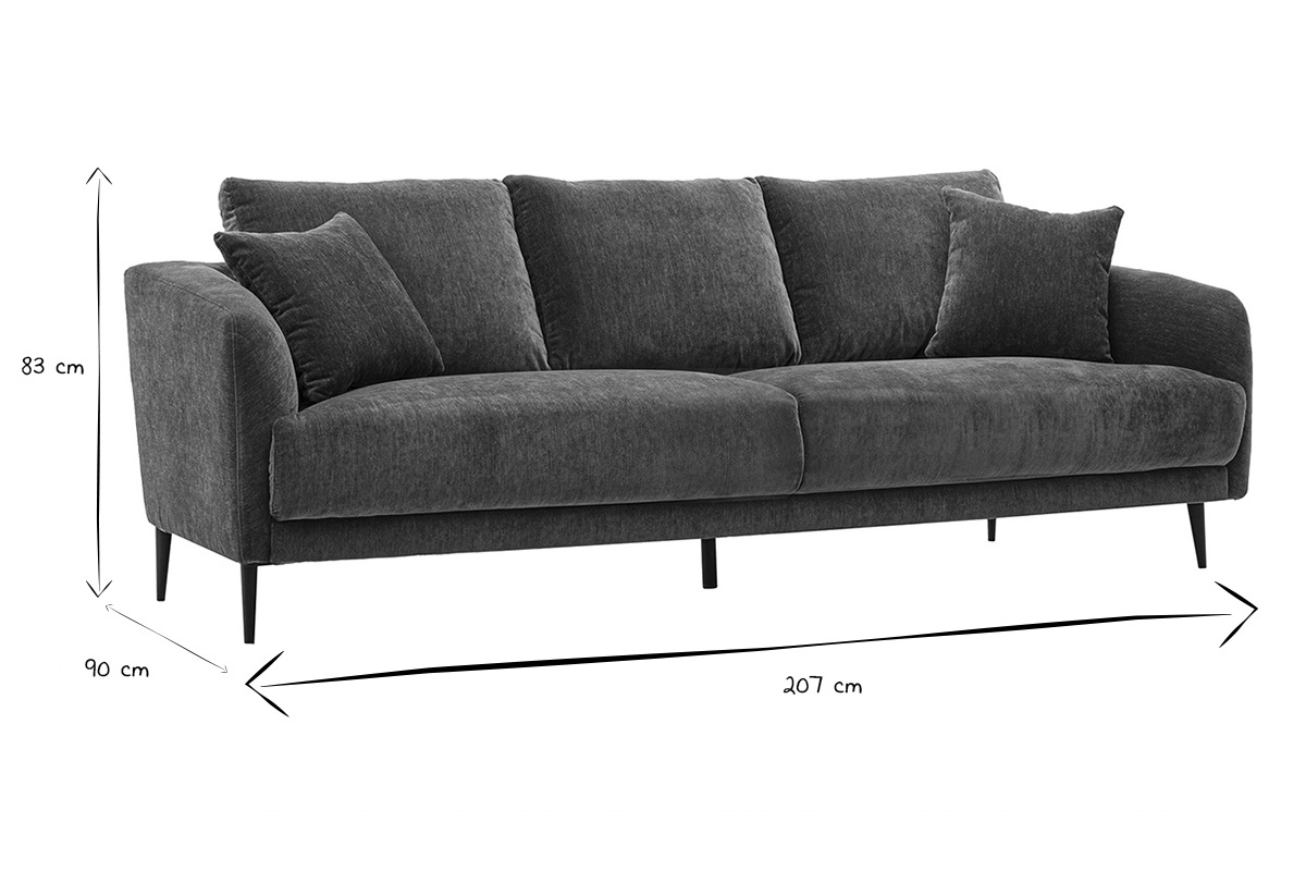 Dimensions du canap� design 3 places : 207 cm de long, 90 cm de profondeur, 83 cm de hauteur en noir et blanc.