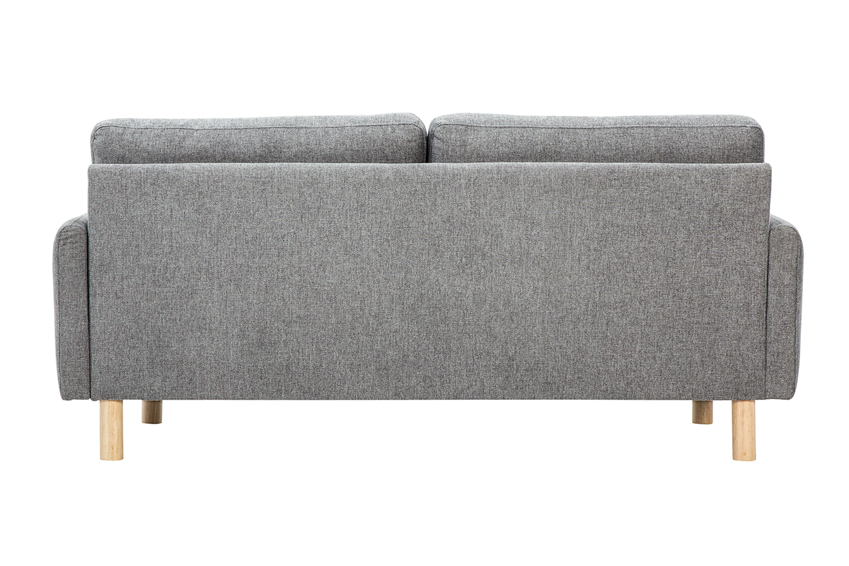 Canap� 3 places gris BONO, dos en tissu effet velours textur�, pieds en bois clair, vue arri�re.