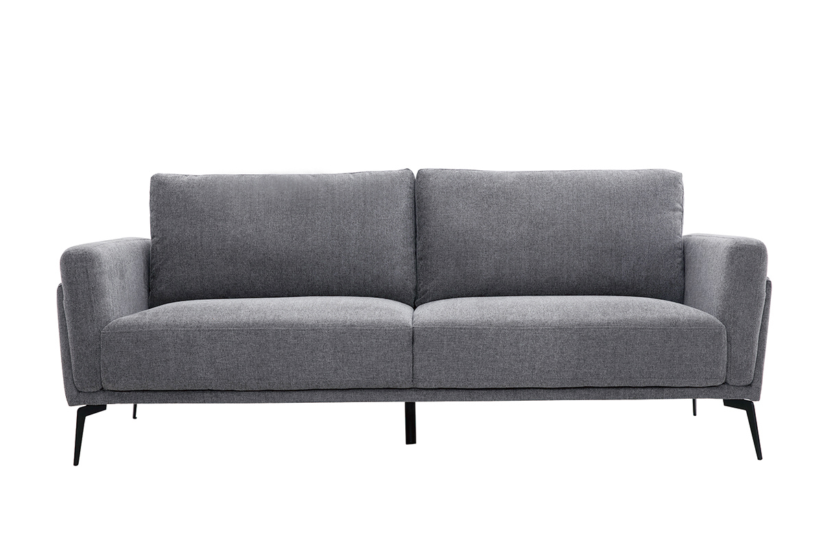 Canap� design 3 places en tissu effet velours textur� gris avec pieds en m�tal noir, vue de face