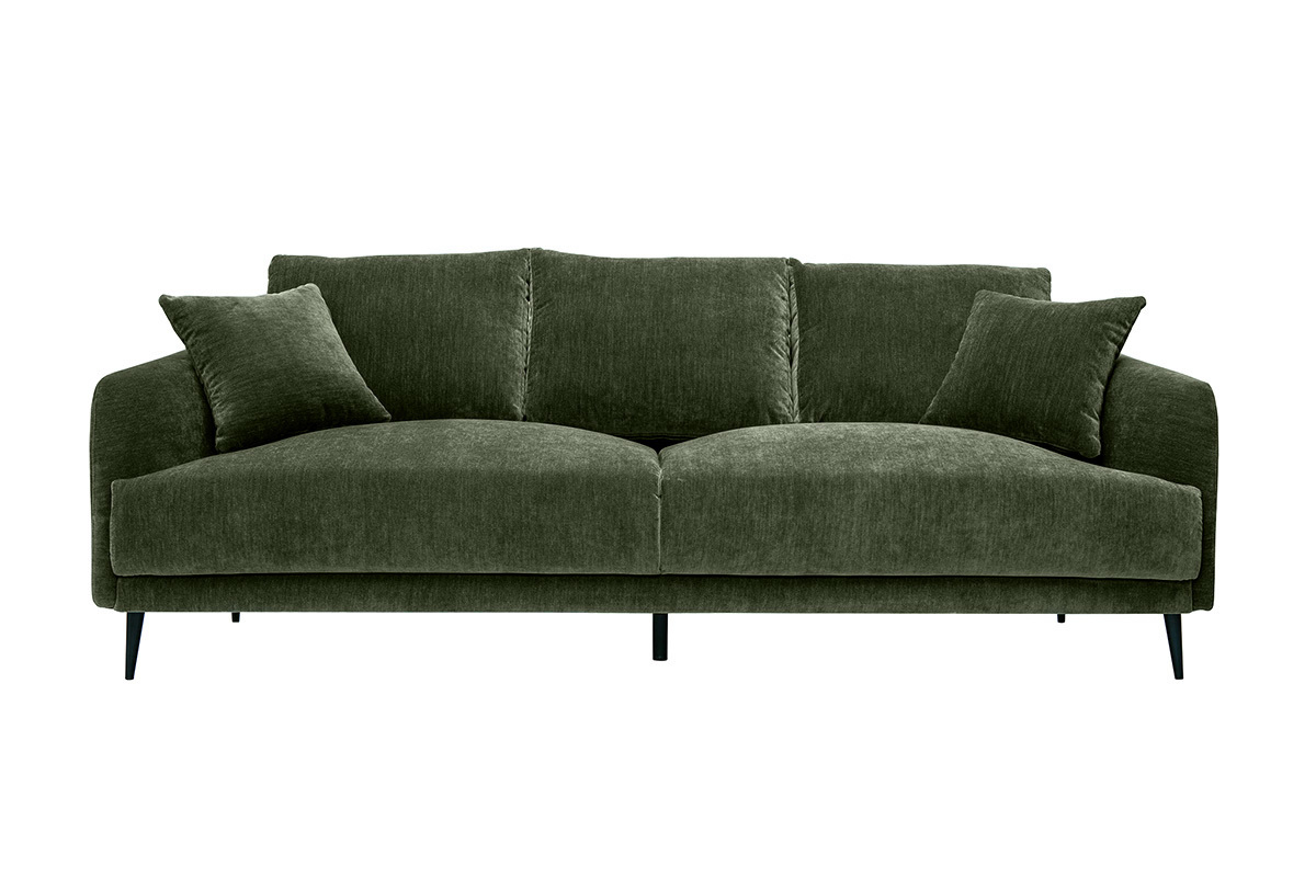 Canap� design 3 places en tissu effet velours vert kaki et m�tal noir JERRY