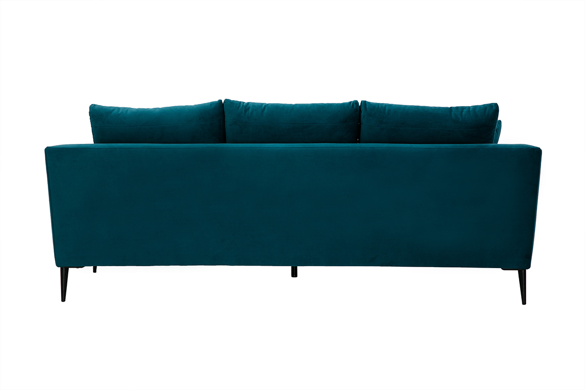 Canap� design 3 places en tissu velours bleu p�trole et m�tal noir JERRY