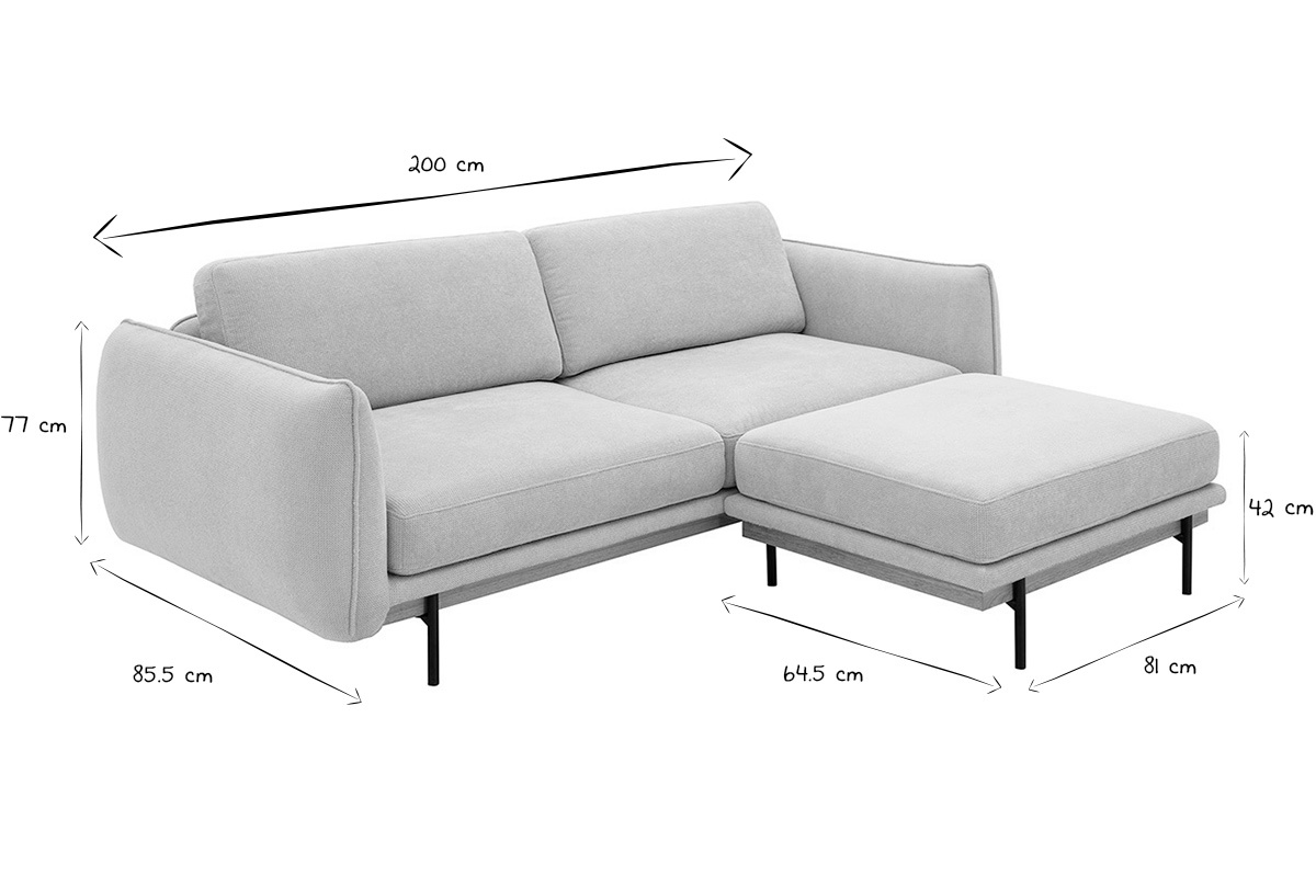 Dimensions du canap� TODD 3 places avec repose-pieds, en noir et blanc.
