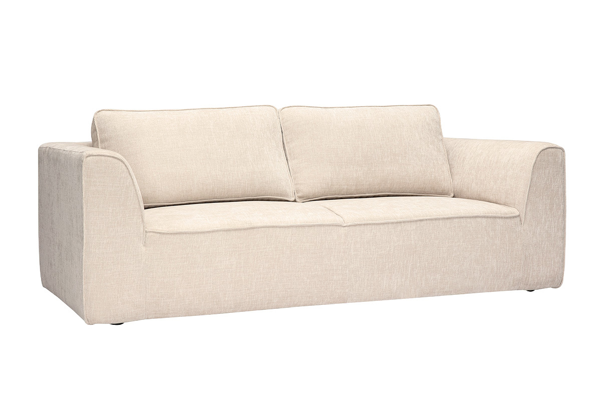 Canap� design 3 places en tissu effet velours textur� beige, vue de 3/4