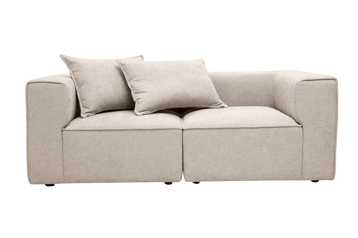 Canap� modulable 2 places en tissu effet velours textur� beige, vue de face.