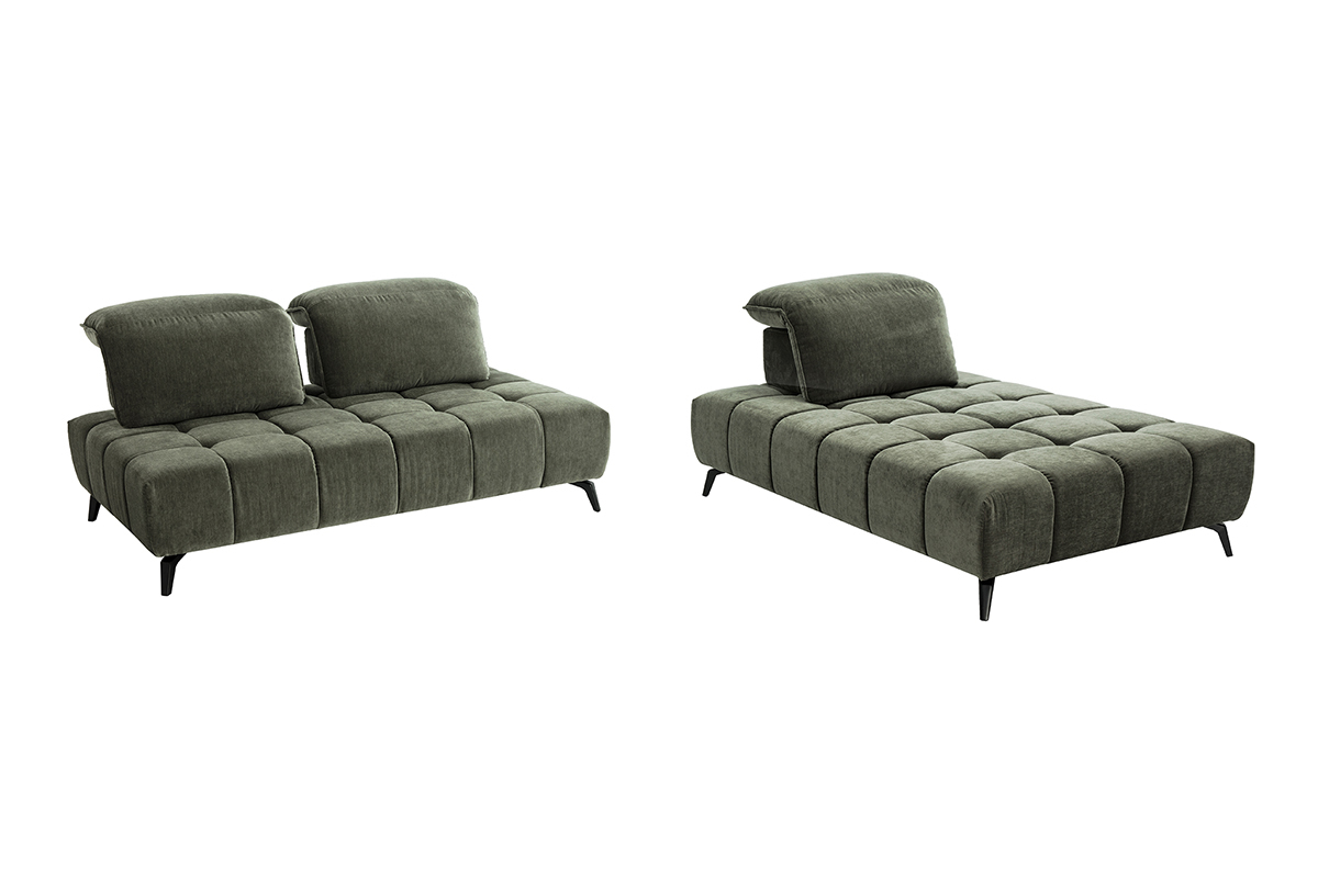 Canap� modulable 4 places en tissu effet velours vert kaki avec t�ti�res ajustables, pieds en m�tal noir.