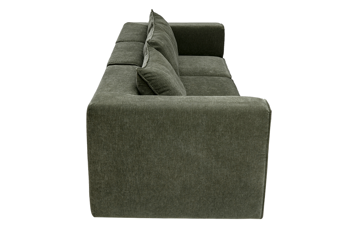 Canap� modulable 4 places en tissu effet velours vert kaki, vue de profil.