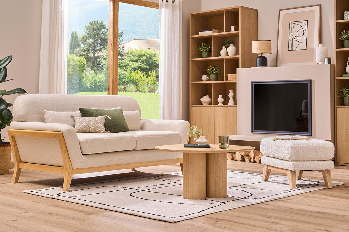 Canap� scandinave 2 places en tissu beige et bois clair YOKO