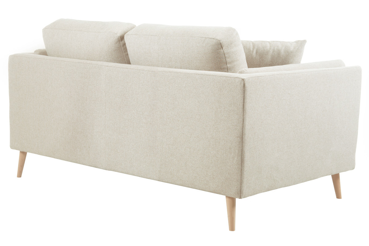 Canap� scandinave 2 places beige avec coussins, vue arri�re, pi�tement en bois clair.