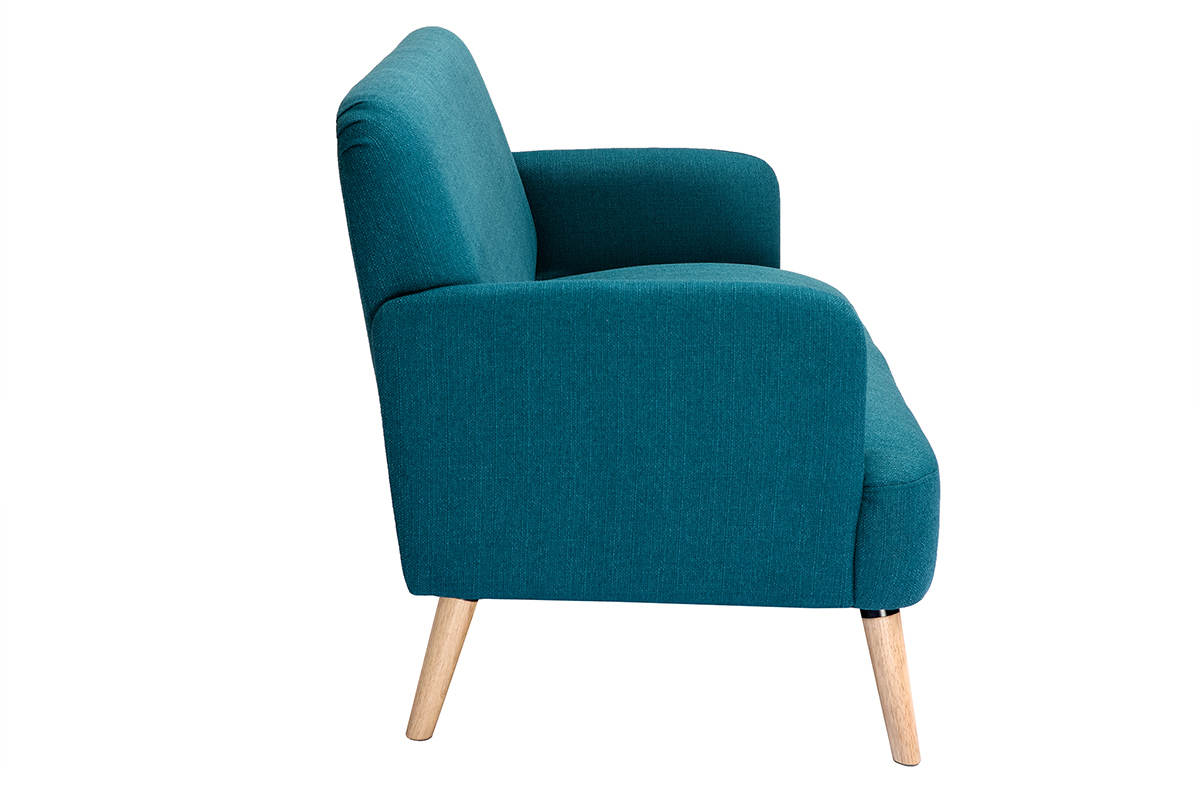 Canap� scandinave 2 places en tissu bleu canard, vue de profil, pieds en bois clair.