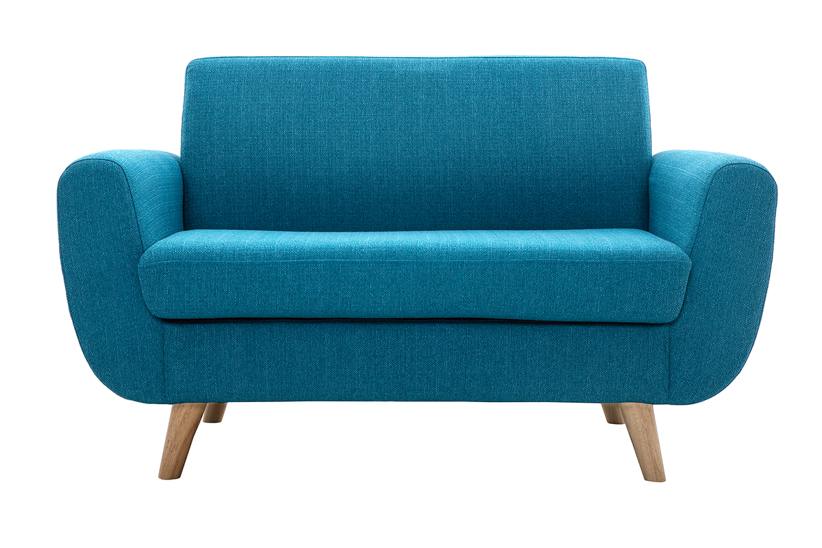 Canap� scandinave 2 places en tissu bleu canard et bois clair PURE