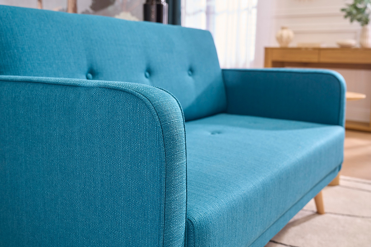 Canap� scandinave 2 places en tissu bleu canard et bois clair ULLA
