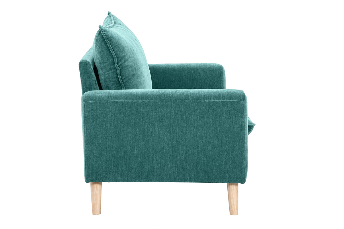 Vue de profil d'un canap� 2 places bleu canard avec pieds en bois clair.
