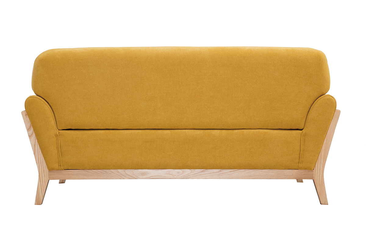 Canap� scandinave 2 places jaune moutarde vue de dos, structure en bois clair.