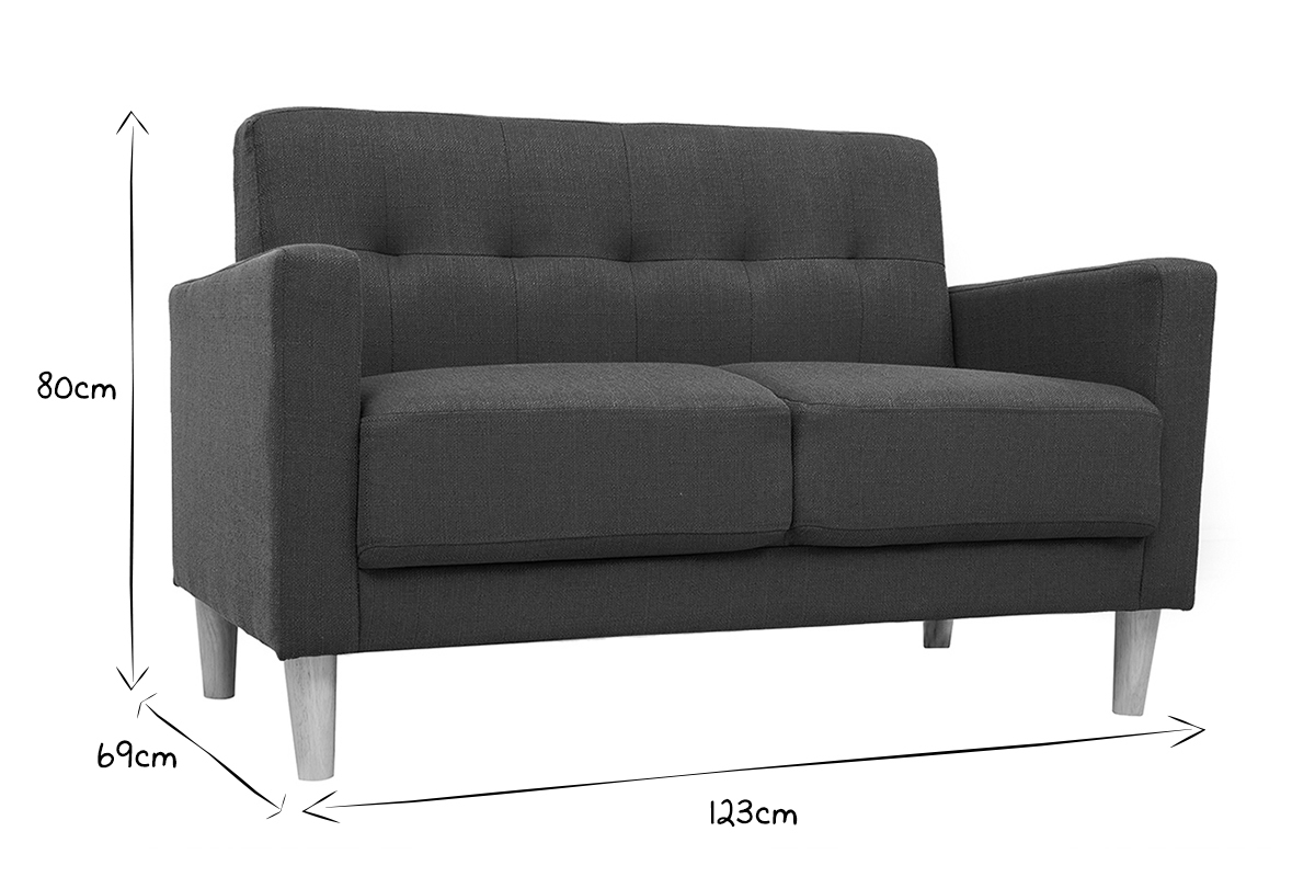 Canap� scandinave 2 places en tissu gris avec dimensions 123x69x80 cm en noir et blanc.