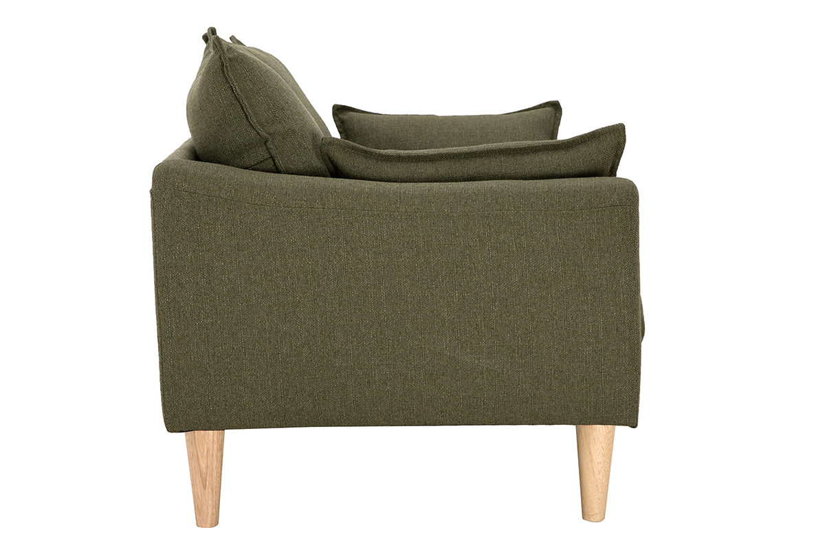 Canap� scandinave 2 places, tissu vert kaki, pieds bois clair, vue de profil.