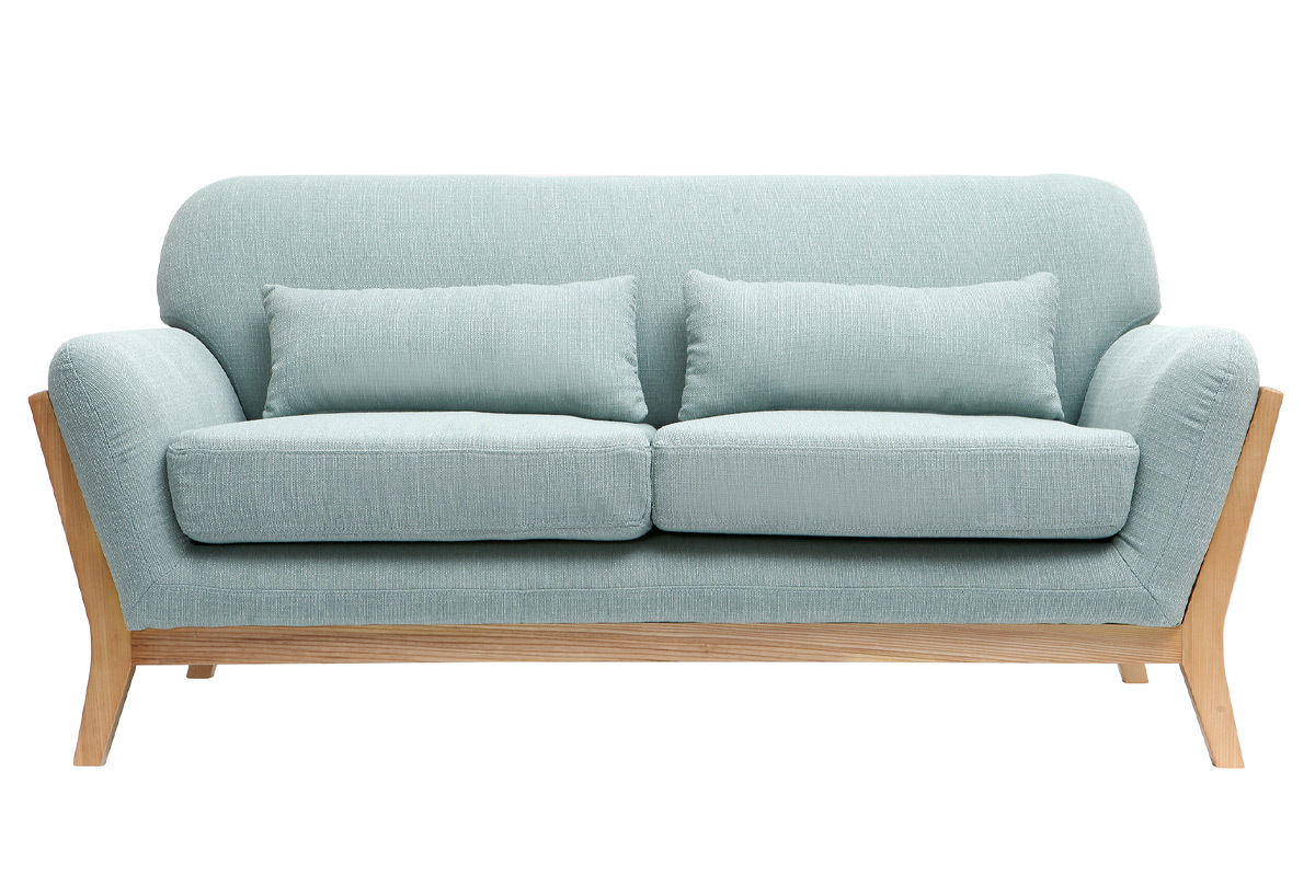 Canap� scandinave 2 places en tissu vert lagon et bois clair YOKO