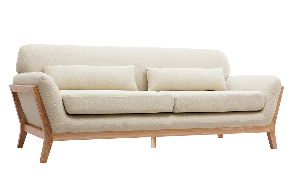 Canap� scandinave 3 places en tissu beige et bois clair YOKO