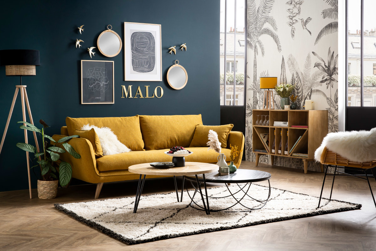 Canap� scandinave 3 places en tissu jaune cumin et bois clair CREEP