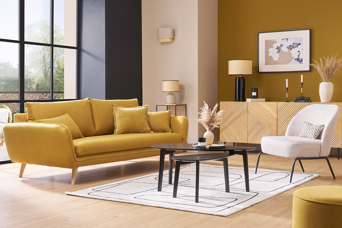 Canap� scandinave 3 places en tissu jaune cumin et bois clair CREEP