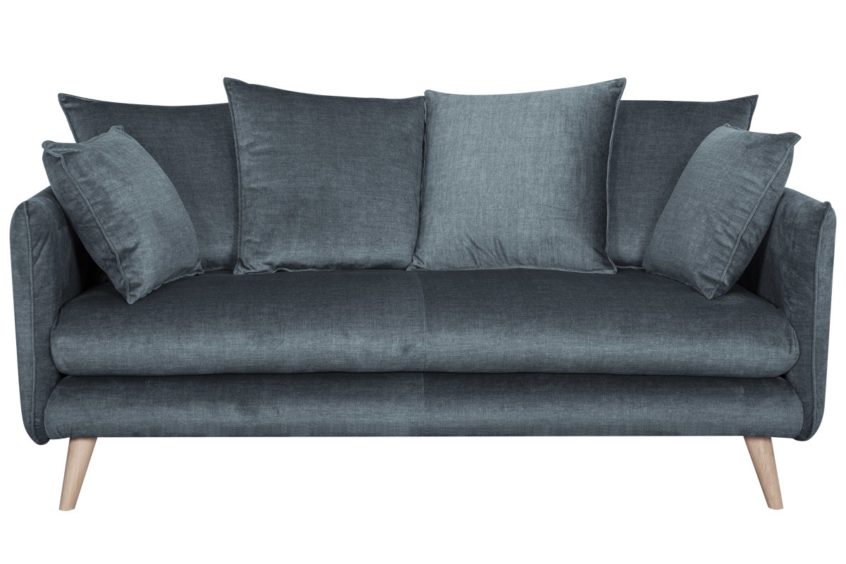 Canap� scandinave 3 places en tissu velours bleu gris et bois clair OLYMPIA
