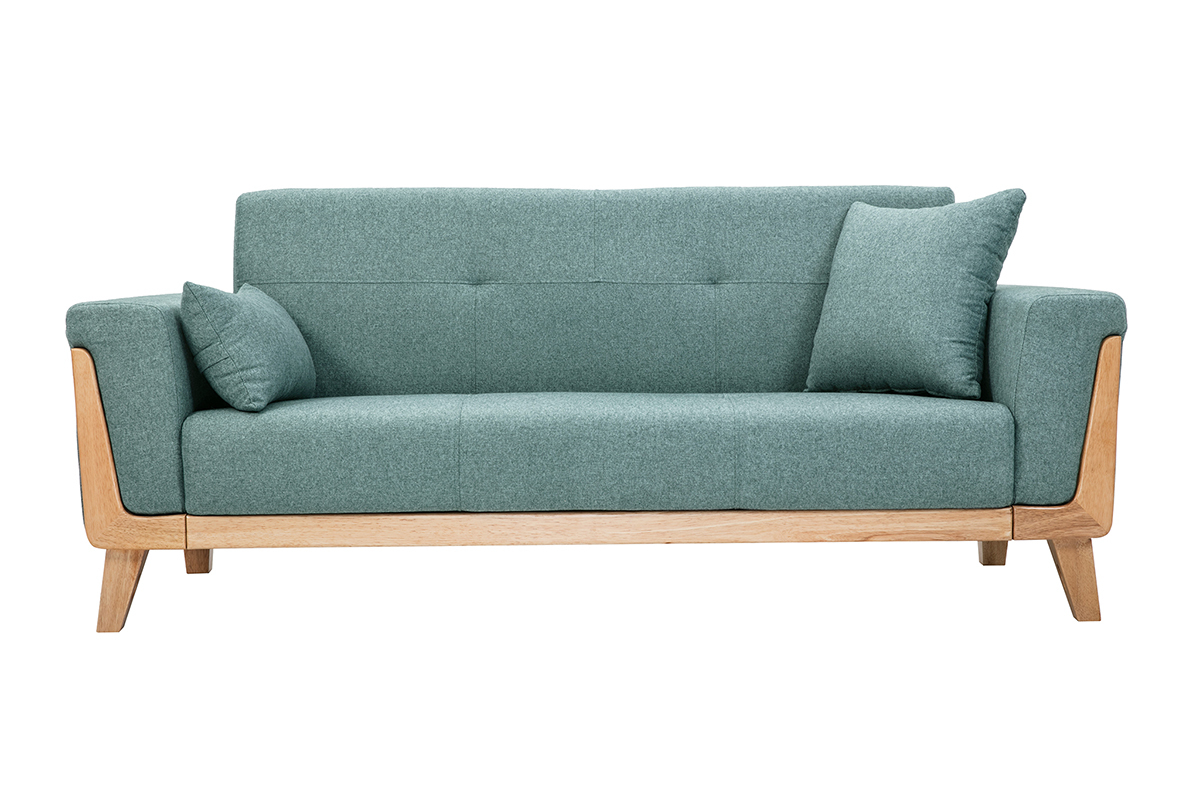 Canap� scandinave 3 places en tissu vert de gris et bois clair FJORD