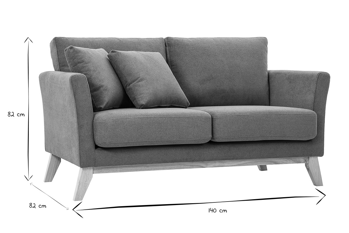 Canap� scandinave 2 places en noir et blanc avec dimensions annot�es.