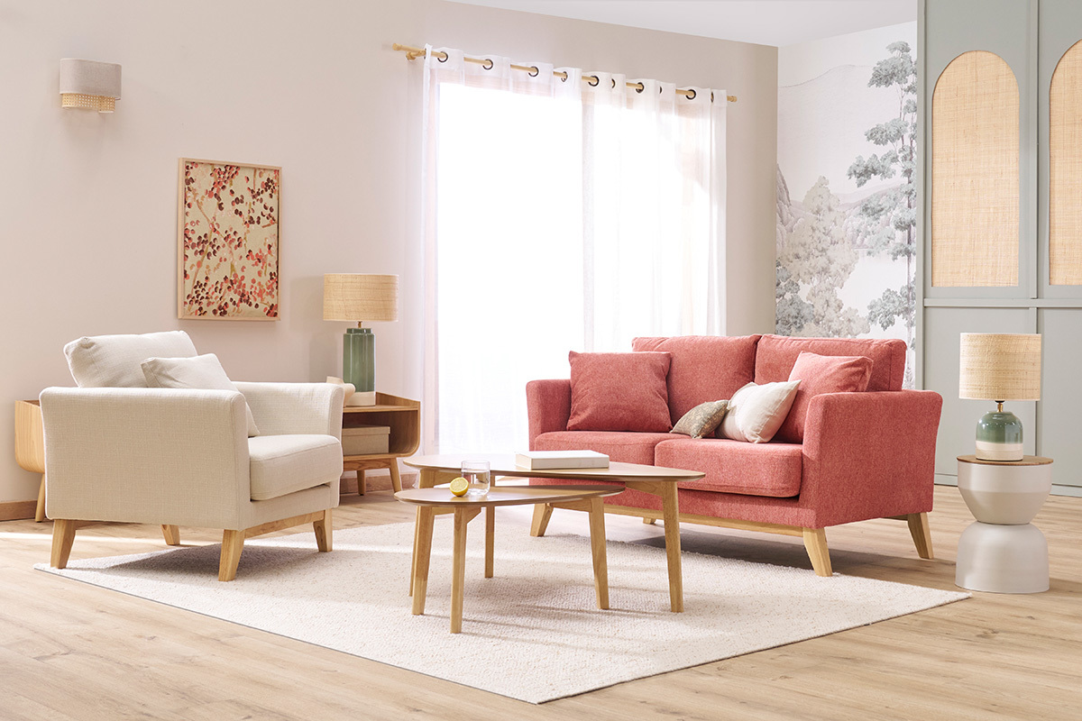 Canap� scandinave d�houssable 2 places en tissu effet velours textur� terracotta et bois clair OSLO