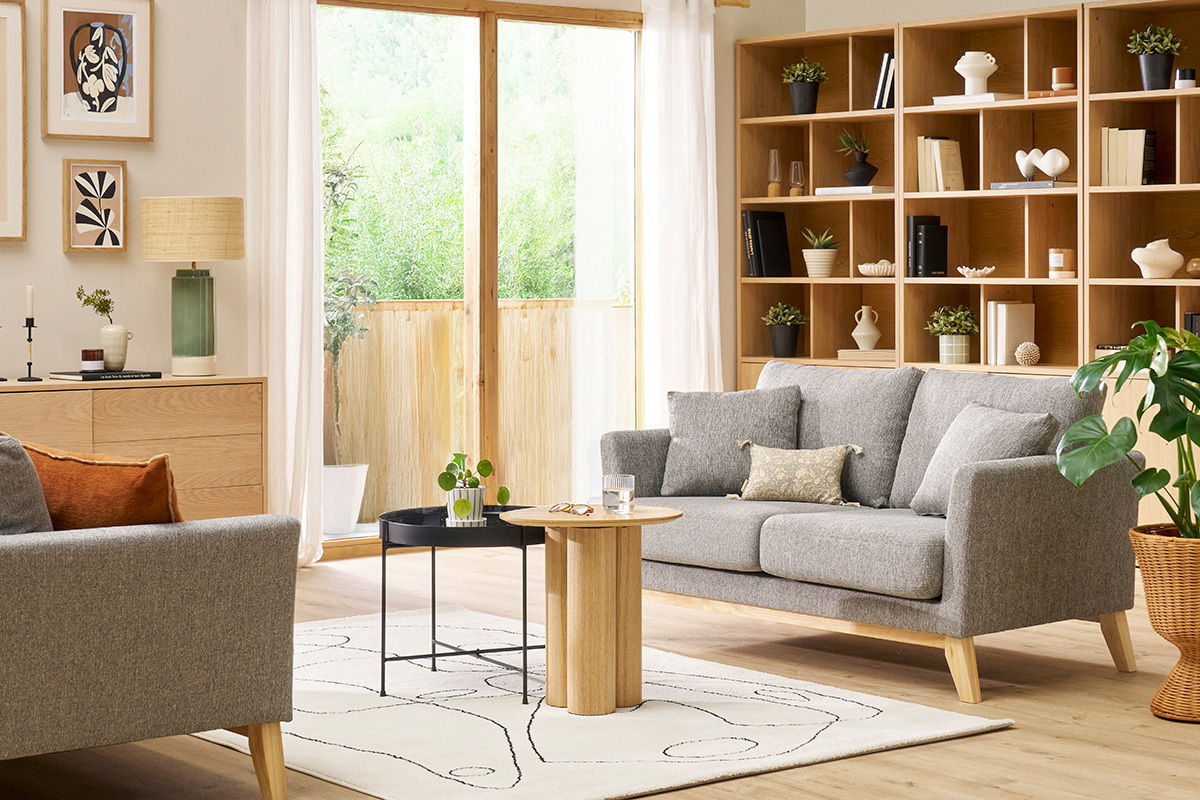 Canap� scandinave d�houssable 2 places en tissu gris clair et bois clair OSLO