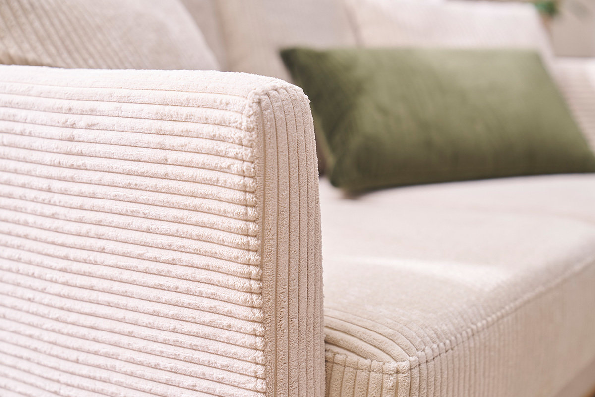 Canap� scandinave d�houssable 2 places en tissu velours c�tel� beige et bois clair OSLO