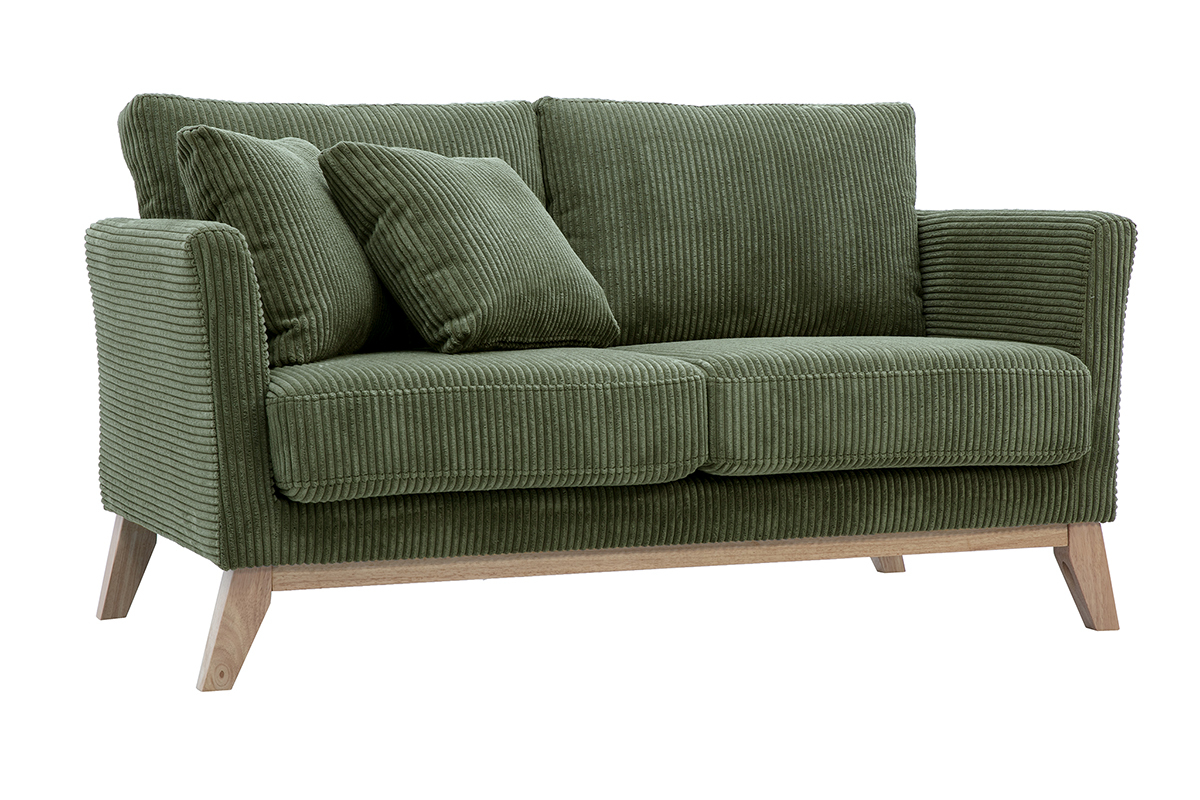 Canap� scandinave 2 places vert kaki en velours c�tel� avec pieds en bois clair